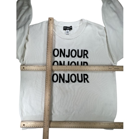 Karl Lagerfeld Paris Women’s Sweater Large White Bonjour Black Lettering Classic - Picture 2 of 11